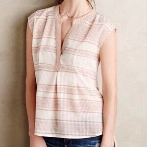 Anthropologie Postmark Egress Split Neck Striped High Low Blouse Tunic Size M